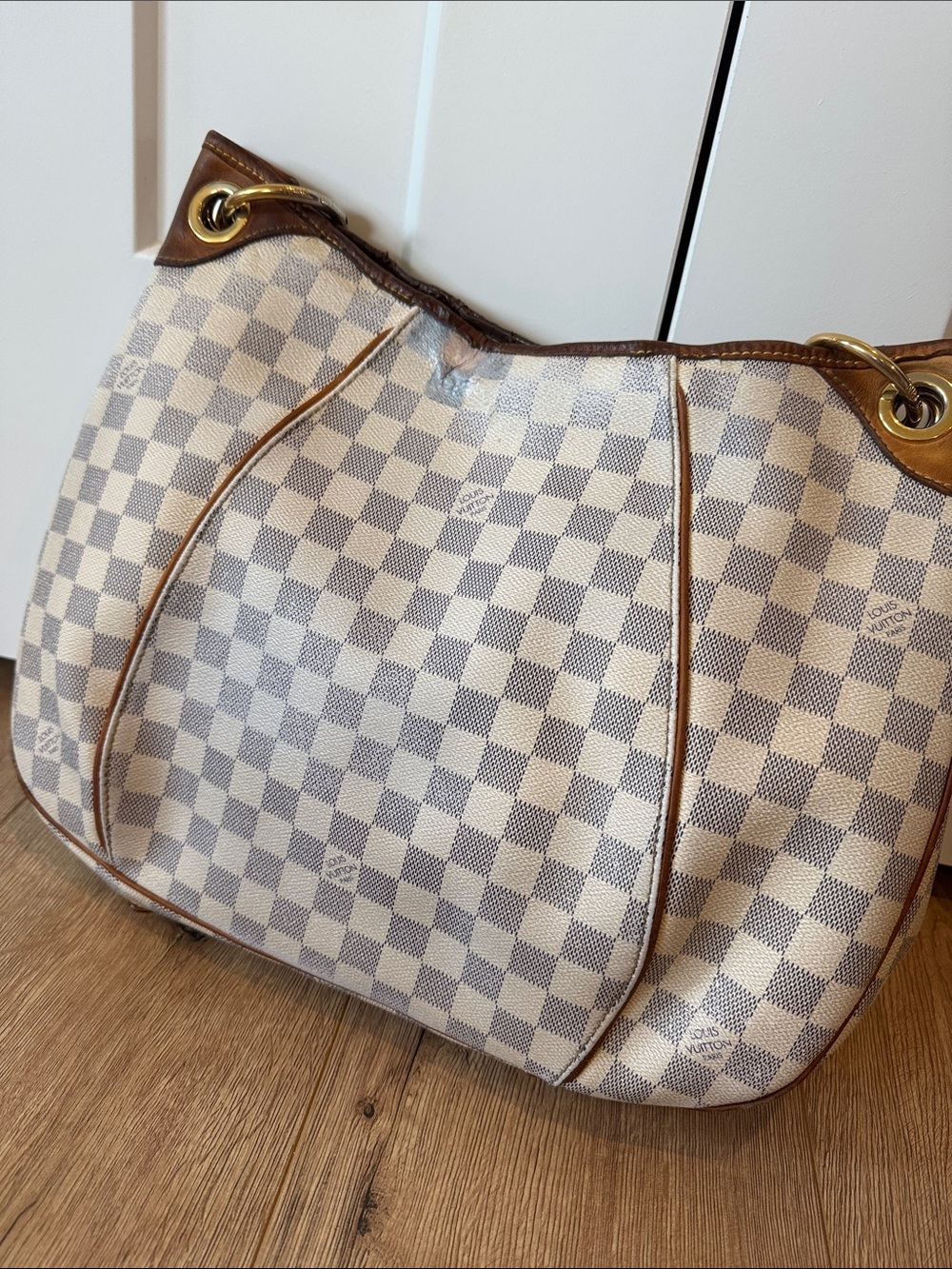 Louis Vuitton Checker Galleria pm Hobo Bag with Leather lv Brown/White azur - Picture 7 of 14
